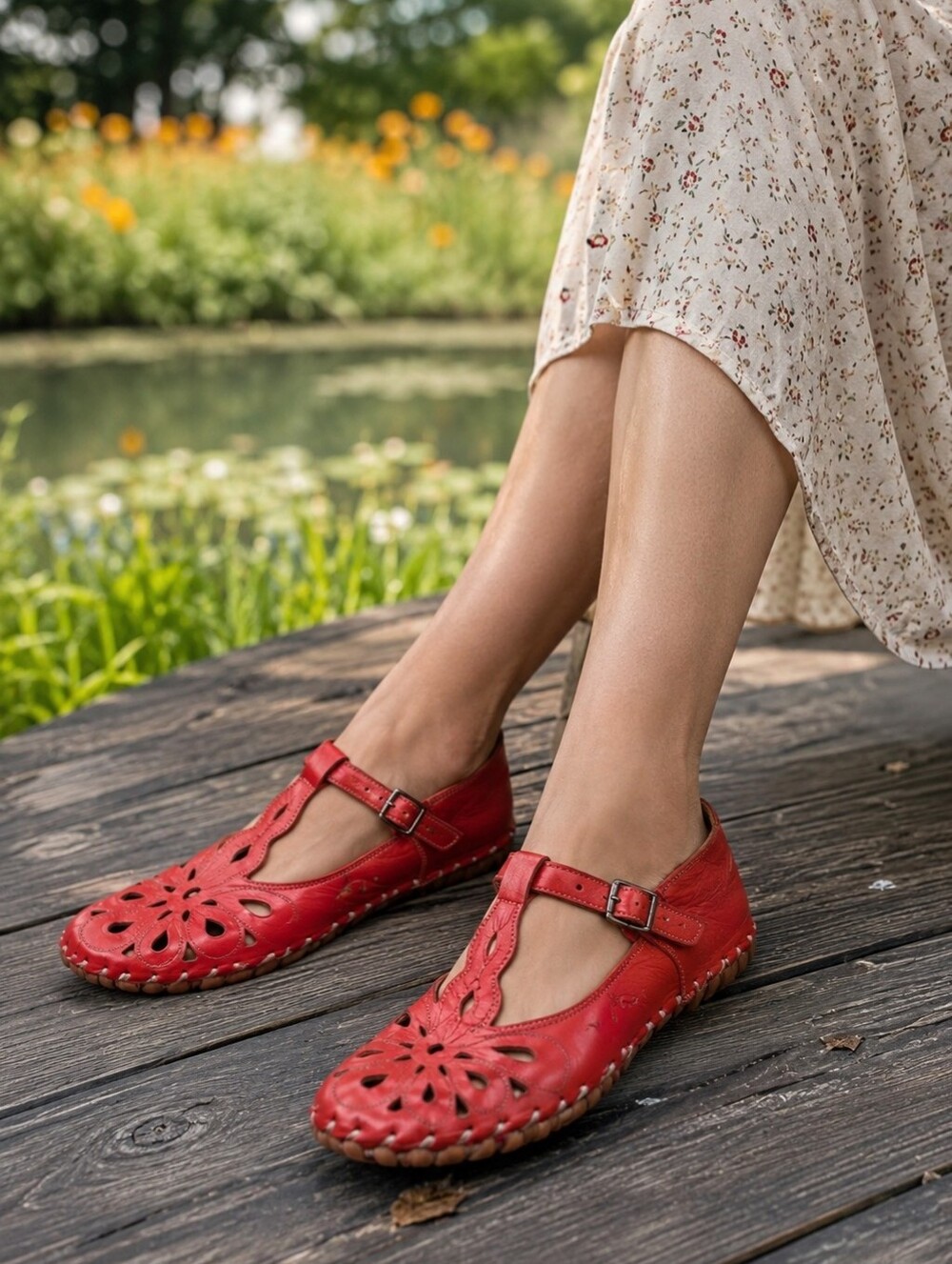 Volks Walkers Red Leather Mary Jane Flats Floral Cutout Comfort Shoes Boho